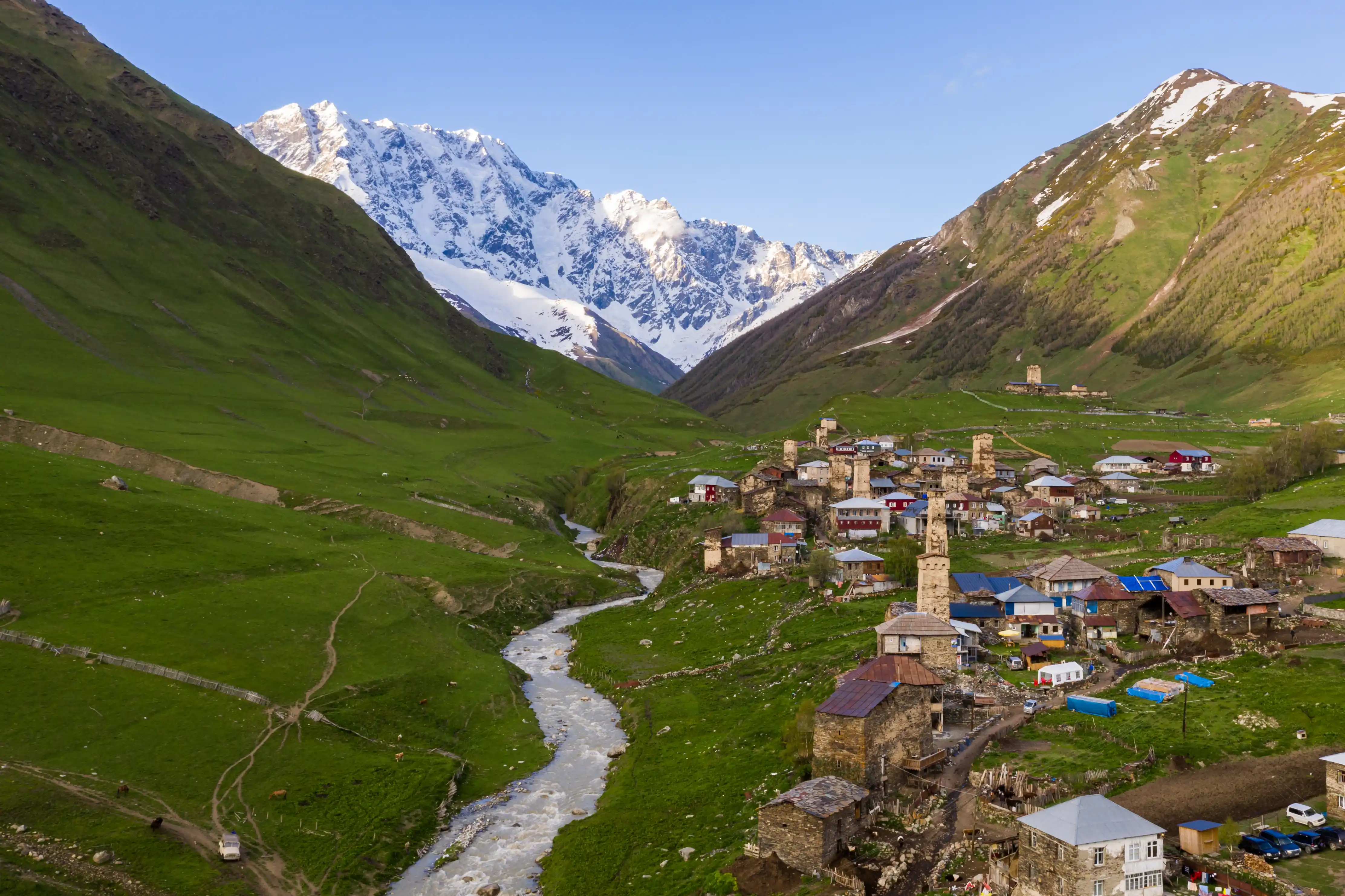 Beautiful Georgia landscape with mountains and ancient churches